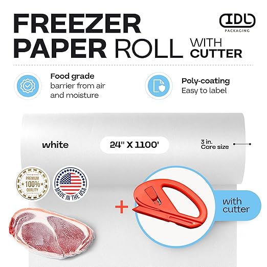 White Freezer Paper 24" x 13200" (1100 feet) with Cutter - USA-made Large Freezer Paper Roll for Meat & Fish - Poly-Coated Food Wrapping Material for Freezing by IDL Packaging
