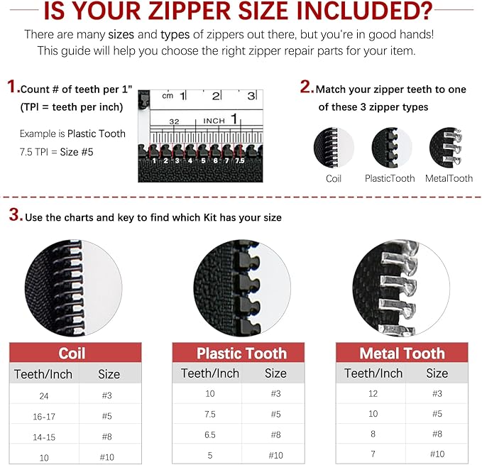 Zipper Repair Kit (188 Pcs) - Universal Fixer for Luggage, Backpacks, Jackets, Coats & Boots Includes #3#5#8#10 Sliders, Zipper Pull Replacement, Stops & Repair Tool（Non-YKK Compatible）