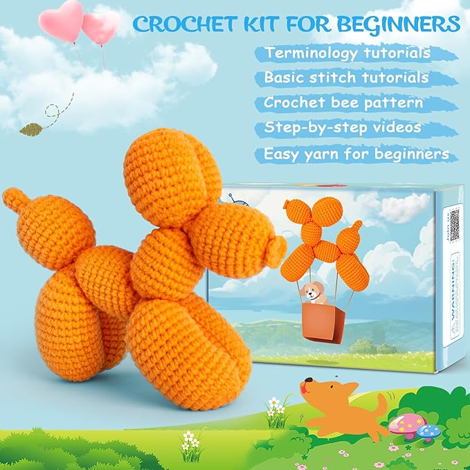 Crochetta Crochet Kit for Beginners, Crochet Kit w Step-by-Step Video Tutorials, Crochet Starter Kit Learn to Crochet Kits for Adults Kids Beginners, Vibrant Orange Balloon Dog (40%+ Yarn Content)