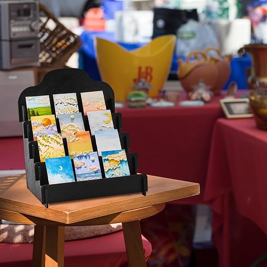 Barydat 2 Pcs 4 Tier Greeting Card Display Stand Wooden Sticker Display Stand Portable Card Display Rack for Vendors Retail Counter Table Display Trade Shows Showcase (Black,11.8 Inch)