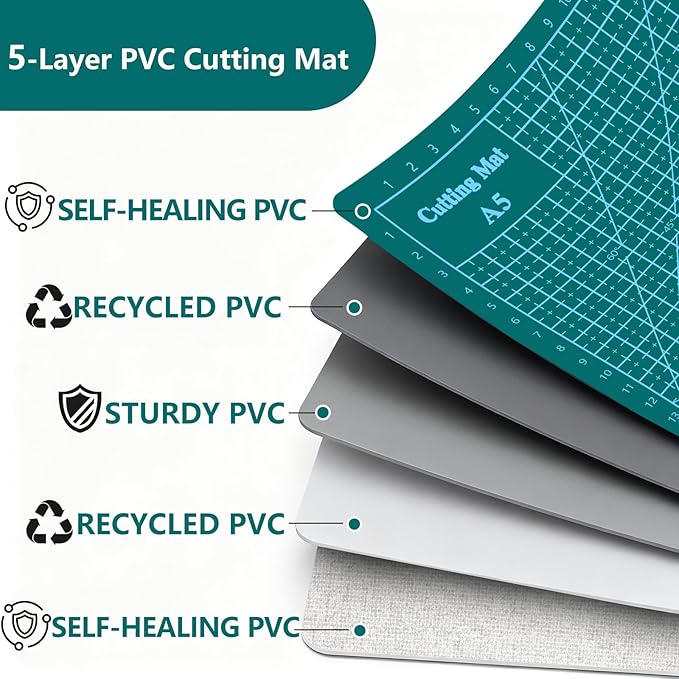 Cutting Mat 8in6in Self Healing Cutting Mat Size Double Sided 5-Ply Rotary Sewing mat for Crafts Fabric Quilting Hobby Art Clay Precision Scrapbooking Project, A5, Green 5PCS