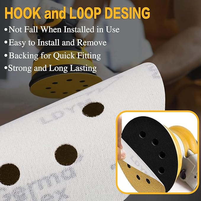 110PCS 5 Inch 8 Hole Sanding Discs,Gold Round Hook and Loop Sandpaper for Random Orbital Sander(60 80 100 120 150 180 240 320 400 600 800 Mix Grit)