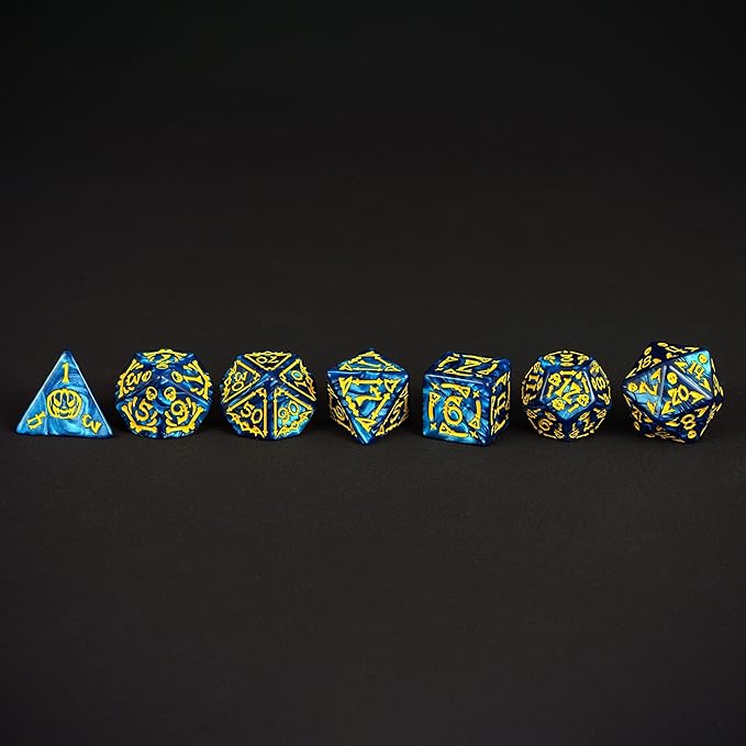 7-Die DND Dice Set Halloween Pattern Polyhedral Dice Set with Leather Bag, Skull Dice D&D Dice Set for RPG Table Games (Halloween Pattern-Blue)