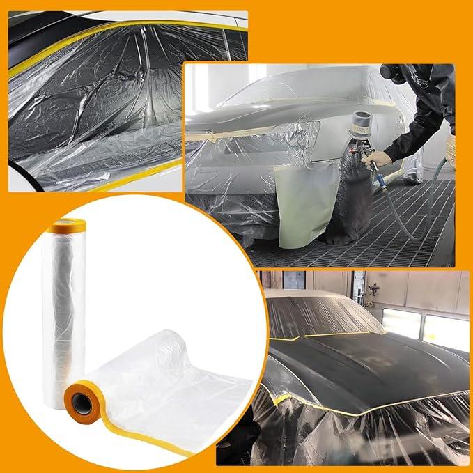 6 Pack Protective Masking Film with Tape 3.6/5/6 x 65 Ft Car Painters Plastic Sheeting Roll Tape and Drape Masking Film for Automotive Painting Covering Furniture, Auto Body, 3 Size