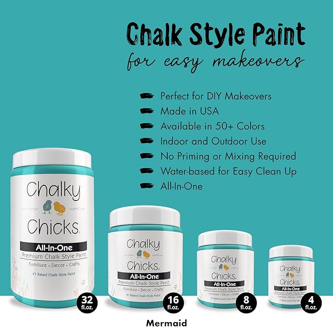 Chalky Chicks All-in-One Chalk Paint for Furniture or Cabinet - 4 Fl Oz - Matte Finish Mermaid (Green Teal) for Metal, Wood Furniture Paint - No Sanding All-in-One for Home Decor & Crafts, USA Made