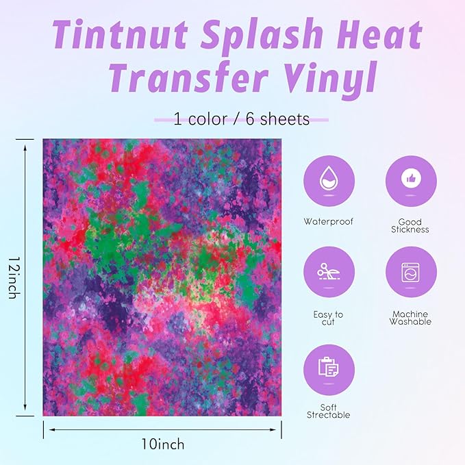 Tintnut Purple Splash Heat Transfer Vinyl - 6 Sheets 10"x12" Patterned HTV for T-Shirts, Hats, Clothes - Compatible with Cricut & Silhouette Cameo