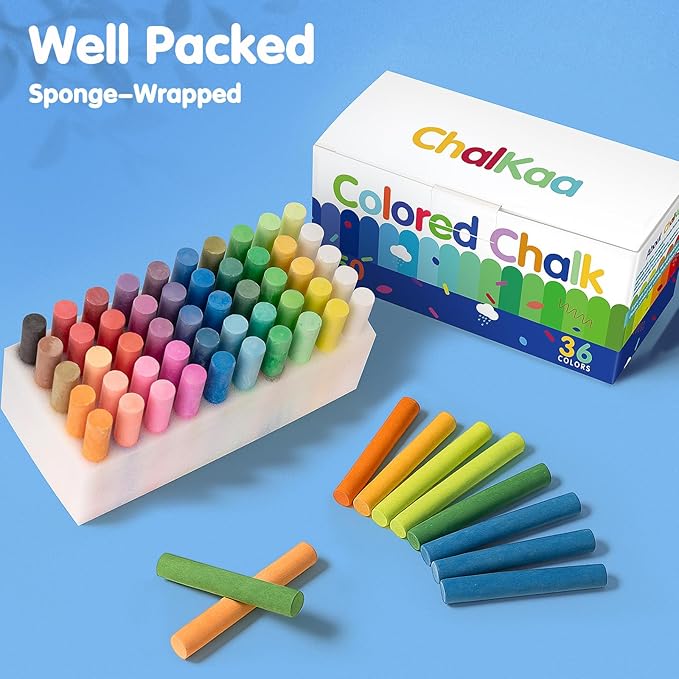 Colored Chalk 36 Colors 50 PCS | Non-Toxic Toddler Chalkboard Chalk for Teachers and Kids | Sponge-Wrapped Creative Drawing & Writing Art Tool