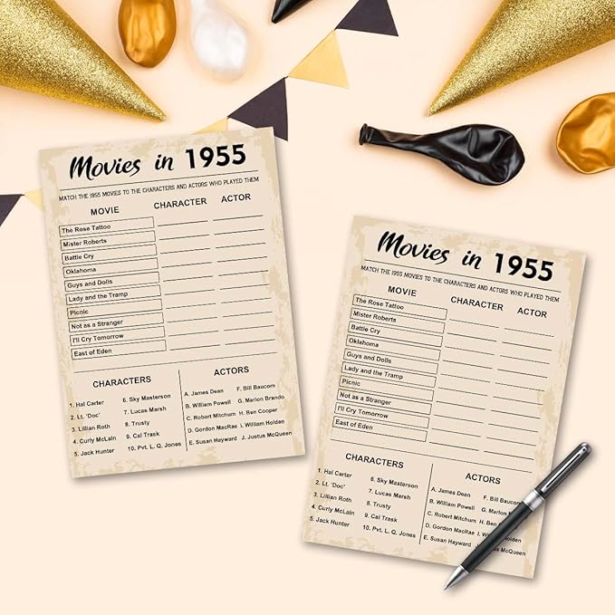 70th Birthday Party Games, Movies in 1955 Games, Birthday Party Supplies for Adults, Fun 1955s Party Game，Pack of 30 Cards