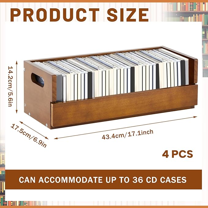 4 Set Wooden CD Storage Box Holder Shelf Cassette Tape Display Racks with Carrying Handles, Organizer Shelf for Movie Cases, DVDs, Each Set Can Store up to 36 Pcs CDs (Brown)