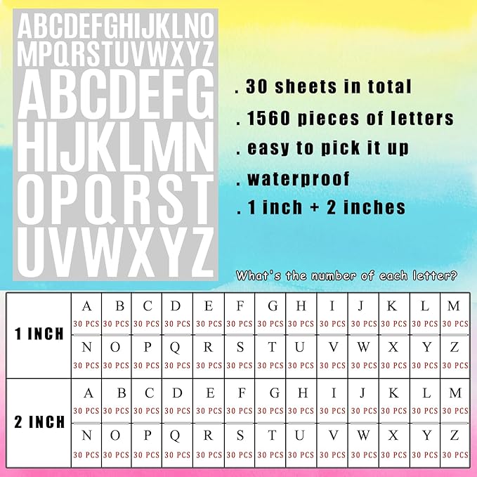 Bemeol Letter Stickers 1560 Pieces 30 Sheets Stick on Vinyl Letters Capital Alphabet Sticker Letter for Craft Bulletin Boards Classroom Home Business Decor(White,1 Inch,2 Inch)