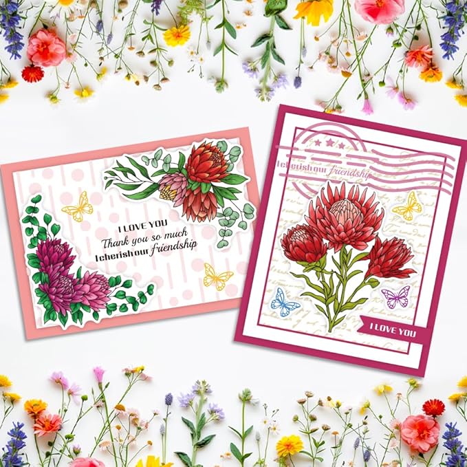 ORIGACH Realistic Protea Cynaroides Flower Layering Stencil Stamp and Die Set for Card Making, Silicone Stamps Metal Die Cut and Template for Card Making Scrapbooking DIY Crafting