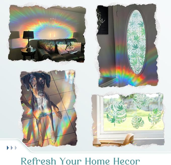 Haton Window Privacy Film, Decorative Stained Glass Window Clings, 3D UV Sun Blocking Sticker, Removable Static Cling Heat Control Tint for Home Door, Leaf Rainbow, 23.6" x 78.7" Non-Adhesive