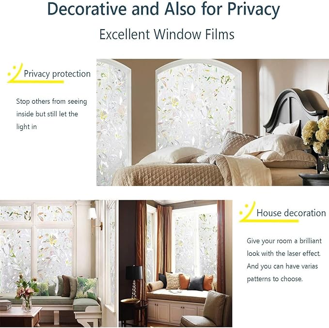 LEMON CLOUD Window Film, Decorative Window Privacy Film, 3D Stained Glass Window Sticker,Anti-UV Sun Blocker Heat Control for Home(Rainbow Tulip Design,23.6 x 157.4 inches)