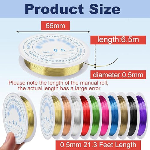 0.5 mm Dia. 10 Rolls Copper Jewelry Wire, Beading Wire for Jewelry Making Bracelet Earrings Rings Necklaces Flower Craft Projects, 10 Assorted Colors