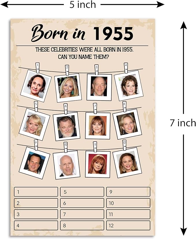 70th Birthday Party Games, Set of 2 Activities for 15 Guests, Born in 1955 Games Bundle, Birthday Party Supplies for Adults, Pack of 30 Cards