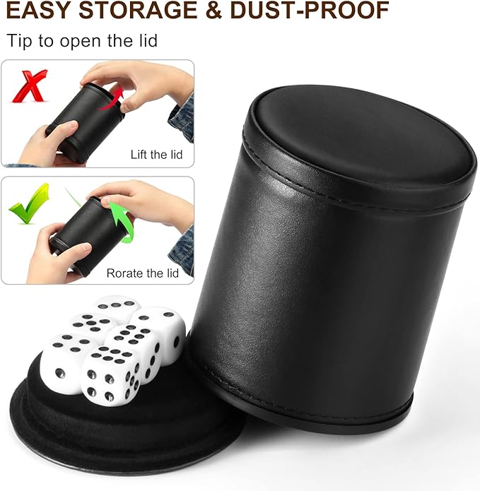 Felt Lined Dice Cup PU Leather Set, Quiet Shaker for Dice Board Family Games Yahtzee Farkle, Set of Six 16mm Rolling Dice Included