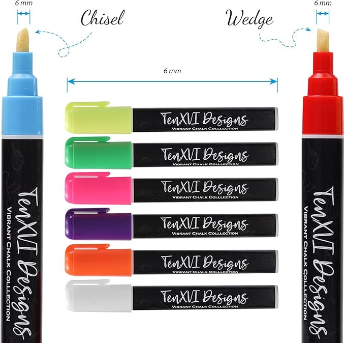 TenXVI Designs Chalk Markers - 8 Vibrant Colors, 6mm Reversible Tips, Erasable, Non-Toxic, Water Based for Kids & Adults - For Chalkboard, Glass & Non-Porous Surfaces, Liquid Chalk Board Markers