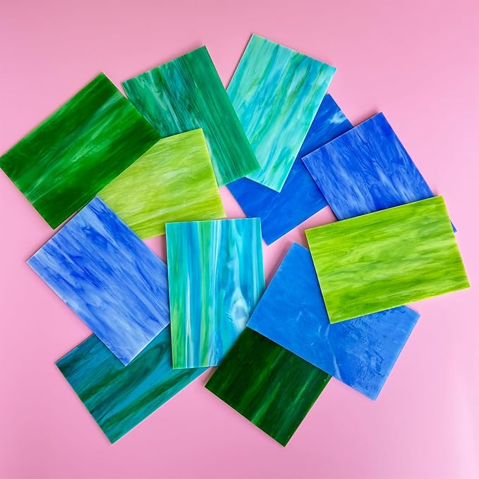 ILLUCKAI 12 Sheets Blue+Green Stained Glass Sheets Variety Pack, 6 x 4 inch Stained Glass Kit Supplies for Mosaic Glass Projects