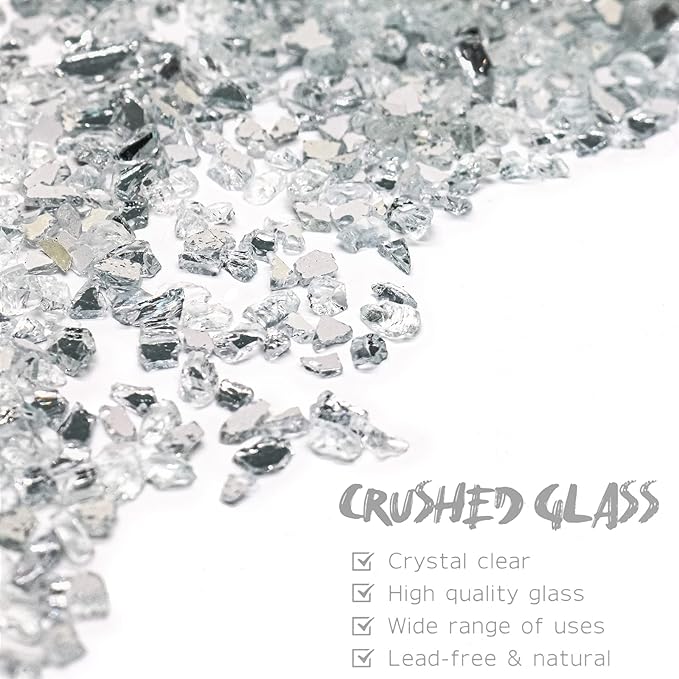 Crushed Glass for Resin Art - 3-6mm White-Backing Mirror, 1.5lb | Broken Glass Pieces for Crafts, Vase Filler & Fire Pit Media | Decorative Stones