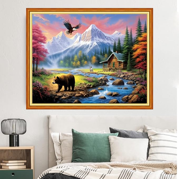 Dimxvean Stamped Cross Stitch Kits,Cross Stitch Kits for Adults Beginners,Embroidery Kits Full Range of Cross Stitch Stamped Kits Needlepoint Kits Cross Stitch Patterns-Forest Bear 16x20 inch