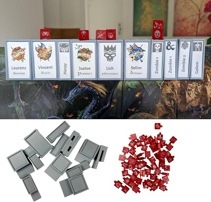 DND Initiative Tracker Set with Gray Character Cards and Red Condition Markers