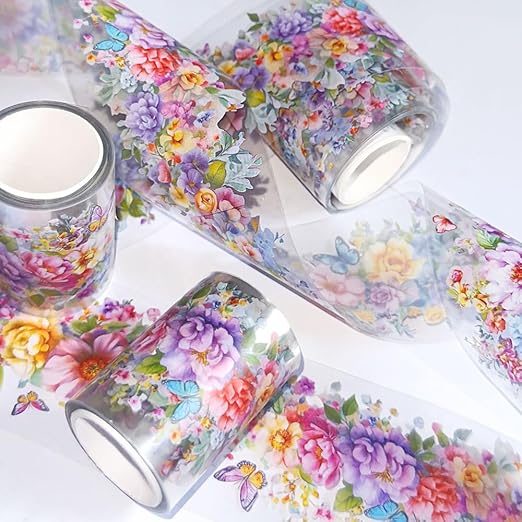 1 Roll Colorful Floral Washi Tape for Scrapbooking Scrap Booking Supples Kit Cute Butterfly Tapes Sticker Spring Flower Washi Tapes Transparent PET Tape Stickers for Journaling Junk Journal supplies