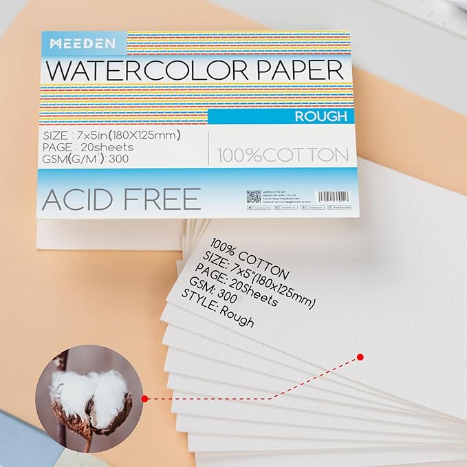 MEEDEN Watercolor Paper Block, 100% Cotton Watercolor Paper Pad of 20 Sheets, 140lb/300gsm, Acid-Free Art Paper for Watercolor, Gouache, Ink and More, 5" x 7" Rough Grain