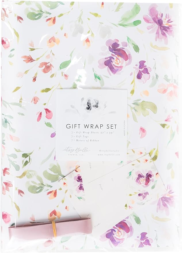 Itsy Belle Studio Floral Wedding Wrapping Paper + Ribbon Set with Tags - White gift wrap, fall Flower flat Sheets, Boho Bridal Shower Wrap