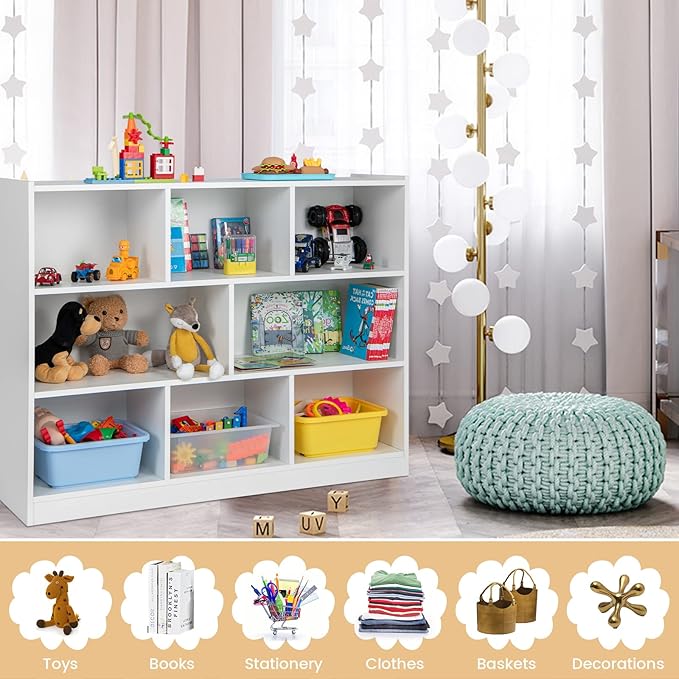 Toy Storage Organizer, 3-Tier Kids Bookshelf, 8 Cube Kids' Bookcases, Cabinets & Shelves, Wooden Toy Organizers, Small Book Shelf for Bedroom, Playroom, Classroom, Nursery (White)