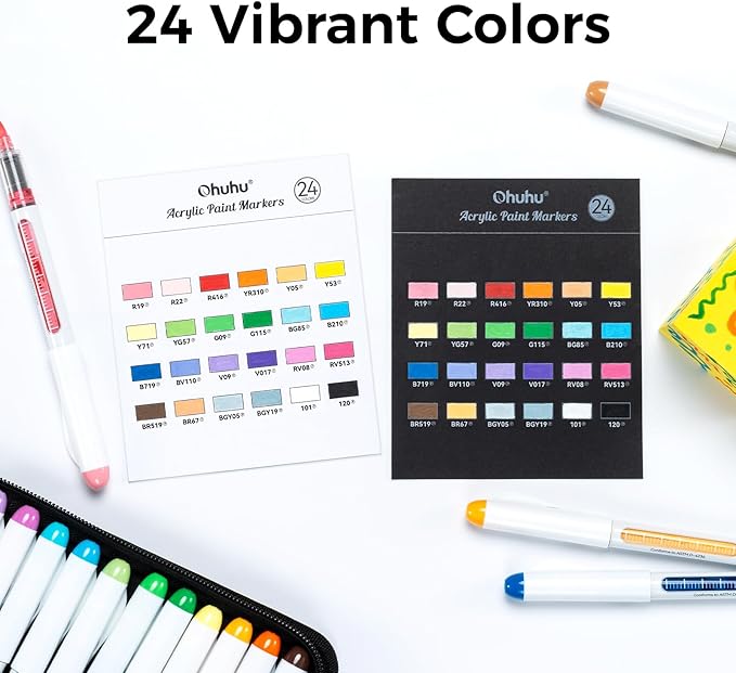 Ohuhu Acrylic Paint Markers Direct Liquid: 24 Colors Flexible Brush Tip Acrylic Markers High Opacity Paint Pens Waterproof Lightfast for Rock Easter Eggs Wood - Nahuku