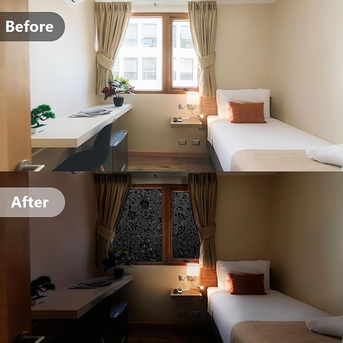 LEMON CLOUD Total Blackout Window Film Privacy Static Cling Frosted Black Window Covering 100% Opaque Film Tint Darkening Removable Film for High Privacy，(Blackout Tulip Design,17.5 x157.4 inches)