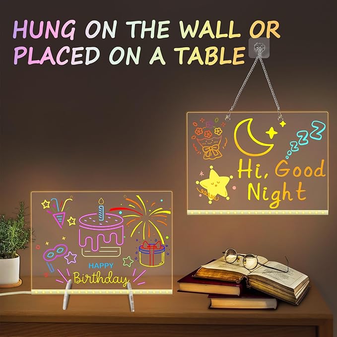 Led Note Board with 7 Colors, 13.8“X10” Lumiboard Led Drawing Board for Kids, 4 Modes Acrylic Dry Erase Board with Light, Glow Rewritable Message Board with Stand, Include 7 Markers, Hanging Chain