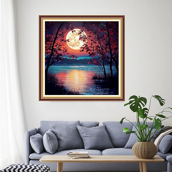Funchey Stamped Cross Stitch Kits, DIY Cross Stitch Pattern for Adults Beginners Needlepoint Kits Embroidery Kit Arts and Crafts 11CT-Moonlight by The Lake 18x18 inch