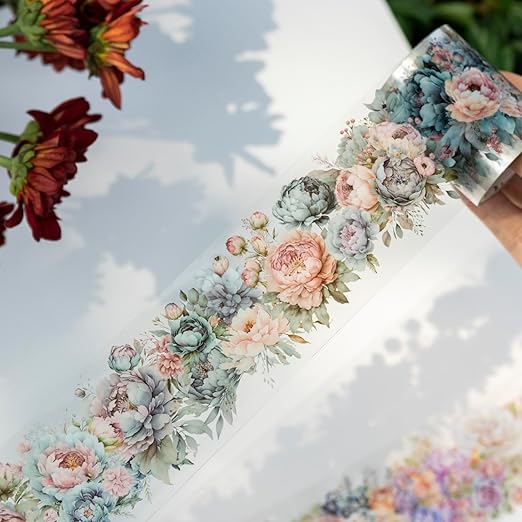 Flower PET Tape Stickers for Journaling,6 Rolls Transparent Floral Washi Tape for Scrapbook Supplies,Junk Journal,DIY Craft,Notebook,Diary(Flourishing Blossom)
