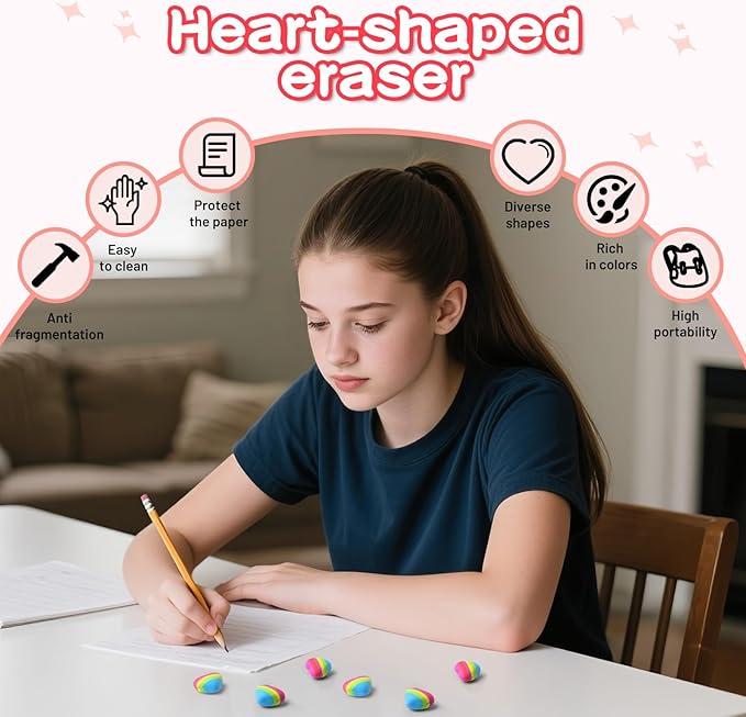 AmoreAngel Crafts 16 Pcs Heart Shaped Erasers，Pencil Erasers，Easy to Hold Rainbow Colorful Eraser，Pink Erasers,Back to School Supplies，Office Use