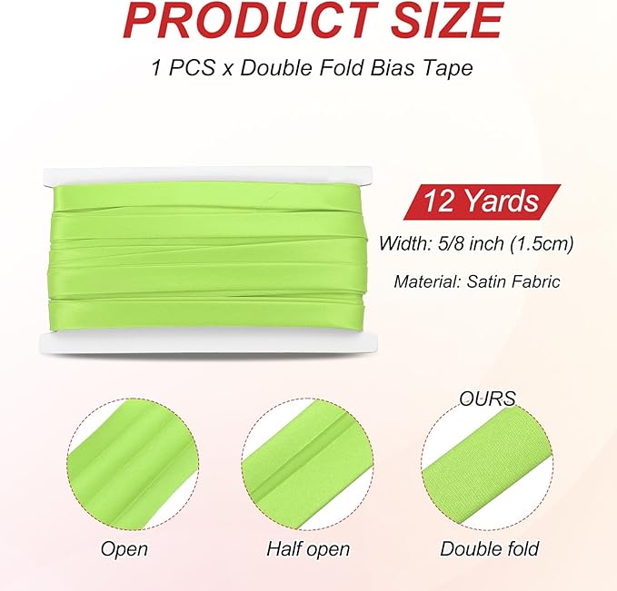 MECCANIXITY Double Fold Bias Tape for Sewing 5/8 Inch x 12 Yards Satin Pre-fold Continuous Binding Tape for Seaming Quilting Hemming Binding DIY Crafts, Green