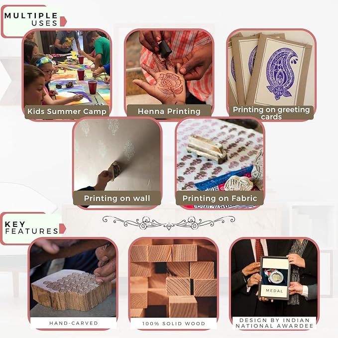 Wooden Printing Stamps - Wooden Block Stamps - Indian Textile Printing Blocks for Tattoo Clay Pottery Henna Card Making Pack of 5, Hashcart®