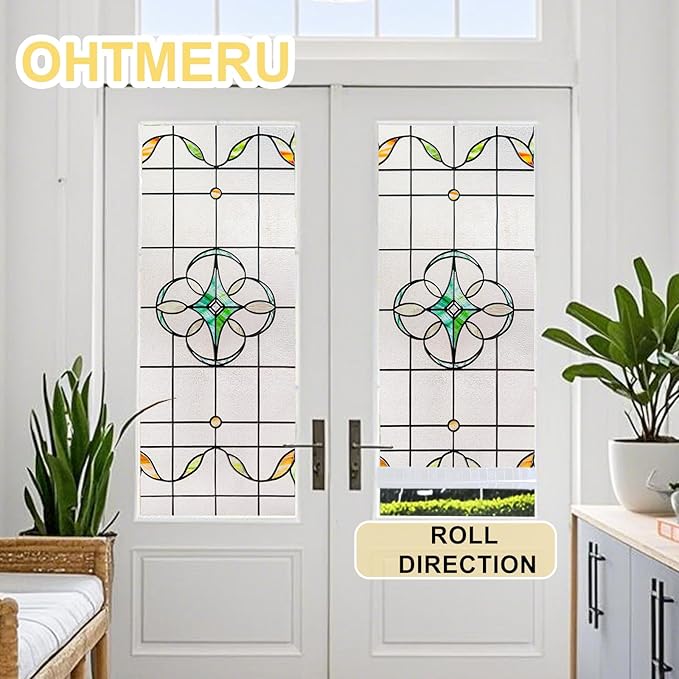 3D Stained Glass Window Privacy Film, Heat Control UV Blocking Static Cling Decorative Window Film for Bathroom,Front Door,Home Non Adhesive,16.9 x 39.3 inches Verdant Whispers