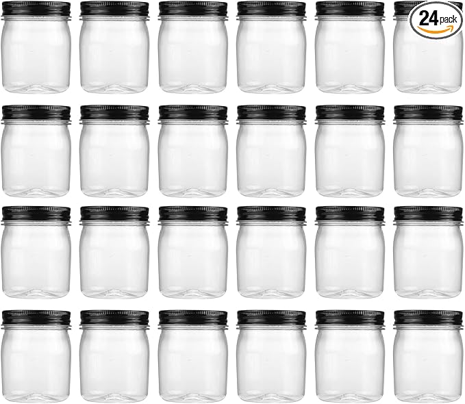 novelinks 8 oz Clear Plastic Jars with Screw-On Lids - BPA-Free Refillable Storage Containers for Slime, Spices, Crafts, Kitchen & Home Organization (24 Pack,Black)