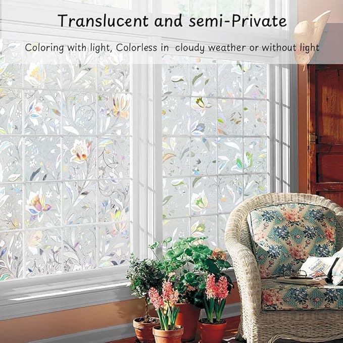NINETREX Window Privacy Film,3D Stained Glass Window Film,Decorative Window Covering Sun Blocking Vinyl Static Cling Anti-UV Heat Control for Home Decor,Tulip 17.5 x 118.1inch