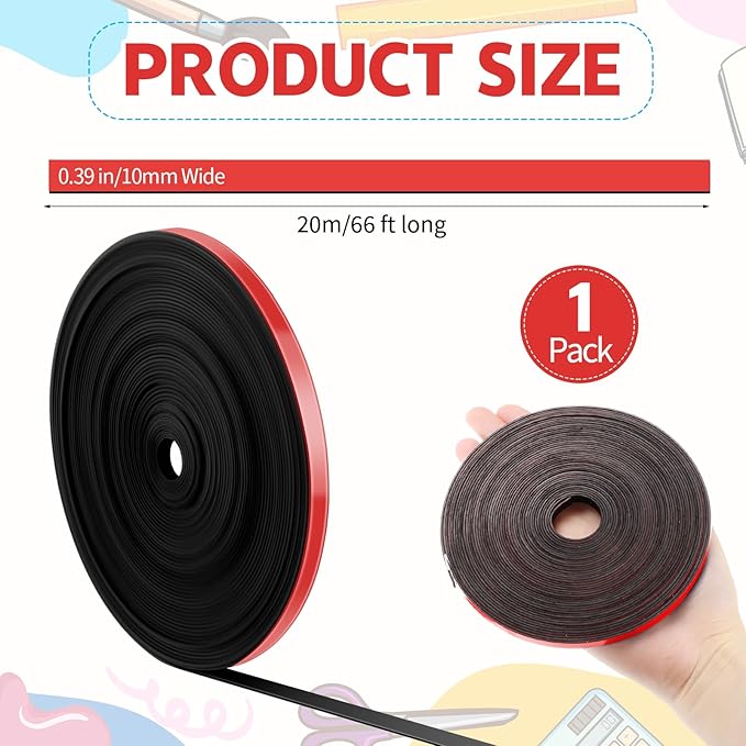 Magnetic Tape Roll Thin Strips, 0.39 Inch x 66 Feet Magnetic Board Dividers Whiteboard Graphic Decorative Tape Marking Line for Classroom Office Art Accessories(Red)