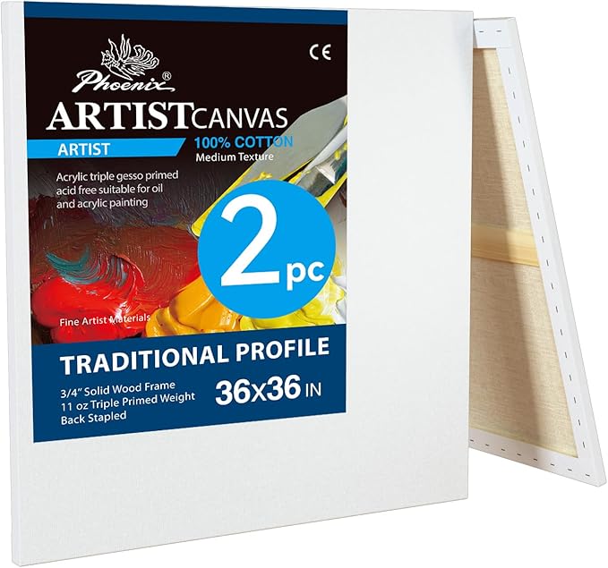 PHOENIX 36x36 Inch 2 Pack Artist Canvas - Extra Large Square Stretched Canvases for Painting - 3/4 Inch Profile, 100% Cotton 11 Oz. Gesso Primed White Blank Professional Canvas Oil & Acrylic Paints