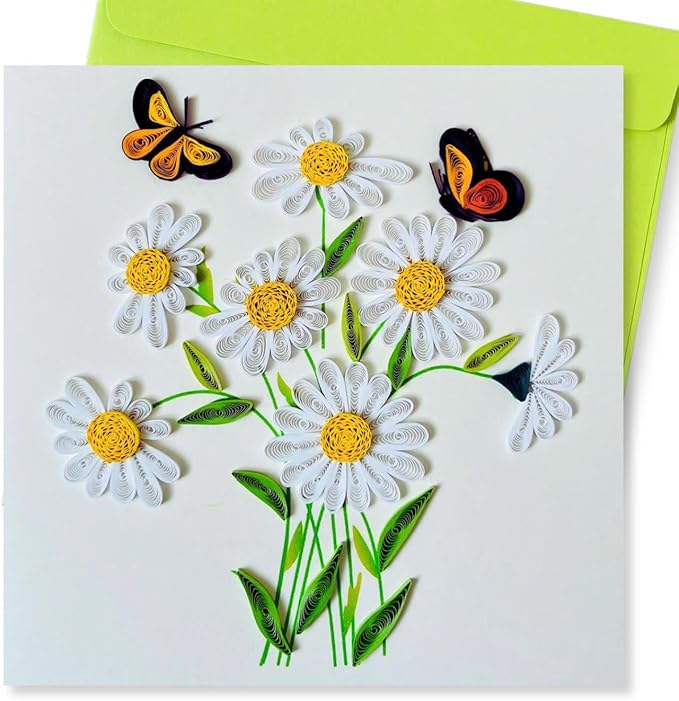 Quilling Cards, handmade card, quilled cards with Dedicated Paper Handmade Art for all occasions: Mother's day, Father's day, Birthday... daisy bouquet (With butterflies)