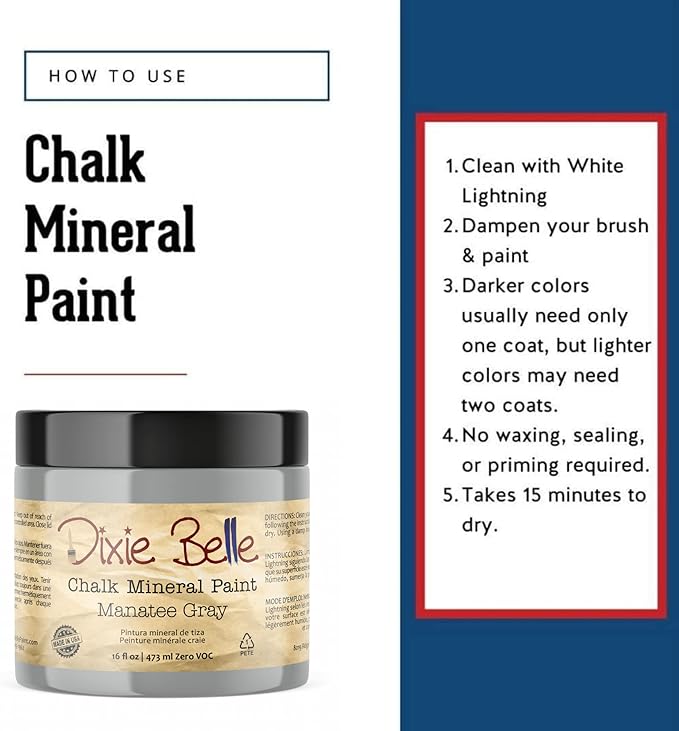 Dixie Belle Paint Company Chalk Finish Furniture Paint - Manatee Gray (16oz) - Matte Light Gray Chic Chalk Mineral DIY Furniture Paint
