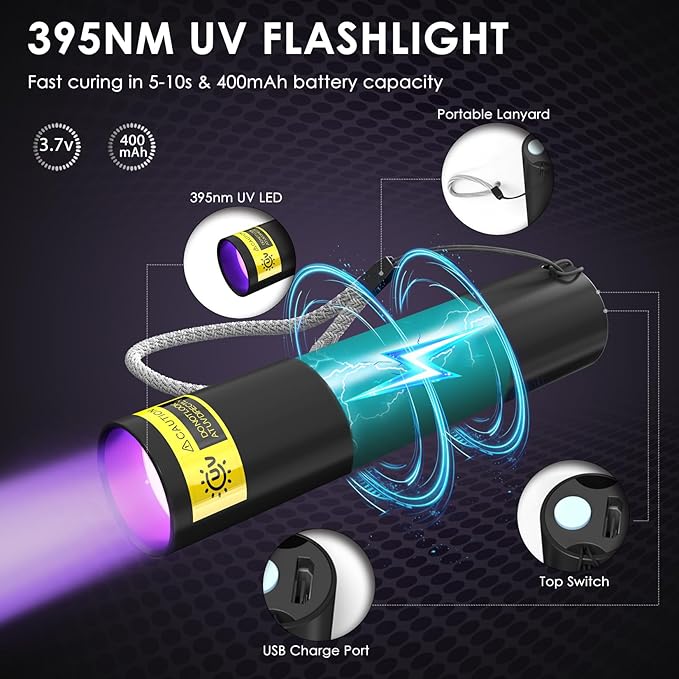 UV Resin Kit with Light, 50g UV Resin with Rechargeable 395NM UV Flashlight, Fast Curing in Seconds, UV Glue Adhesive for Bonding Jewelry, Plastic, Glass Repair, w/Mat, Gloves, Storage Bag