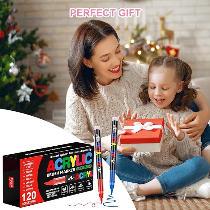 DICEKOO 120 Colors Acrylic Paint Markers, Soft Brush Tip Pens with Automatic Ink Control System, Waterproof, Quick-Drying, Lightfast, for Rock Painting, Canvas, Wood, Egg & DIY Crafts Art Supplies