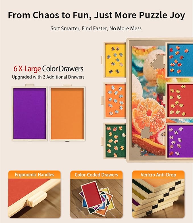 Join&Joy 1500 Piece Puzzle Board Pro, with 6 Drawers & Cover, 34" x 25", Sort-Wise Colorful Felt Drawers, Wooden Jigsaw Puzzle Board, Birthday Gifts for Mom