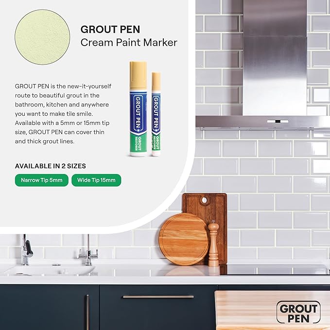 Grout Pen Cream Tile Paint Marker: Waterproof Grout Paint Pen, Tile Grout Colorant and Sealer Pen for Bathroom, Shower, Kitchen, More - Cream, Narrow 5mm Tip (7mL)