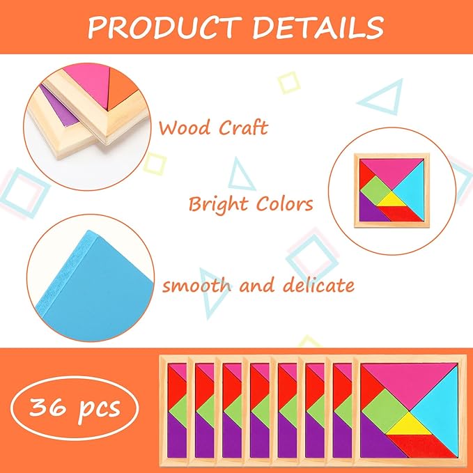 Shappy 36 Pieces Wooden Tangram Puzzles for Kids Educational Shape Puzzle Toys Geometric Pattern Brain Logic Puzzle Blocks for Students Educational Activities Back to School Gifts(Classic Style)