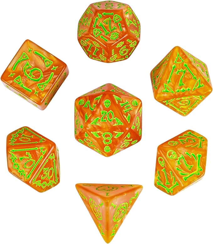 7-Die DND Dice Set Halloween Pattern Polyhedral Die Set with Leather Bag, Skull Dice D&D Die for RPG Table Games(Halloween Pattern-Orange/Green Number)